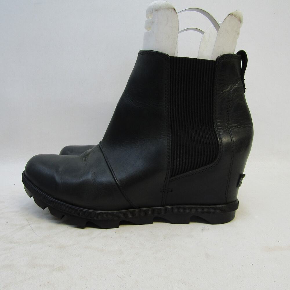 Sorel Womens Sz 10.5 M Black Leather Wedge Ankle Fashion Boots Bootie